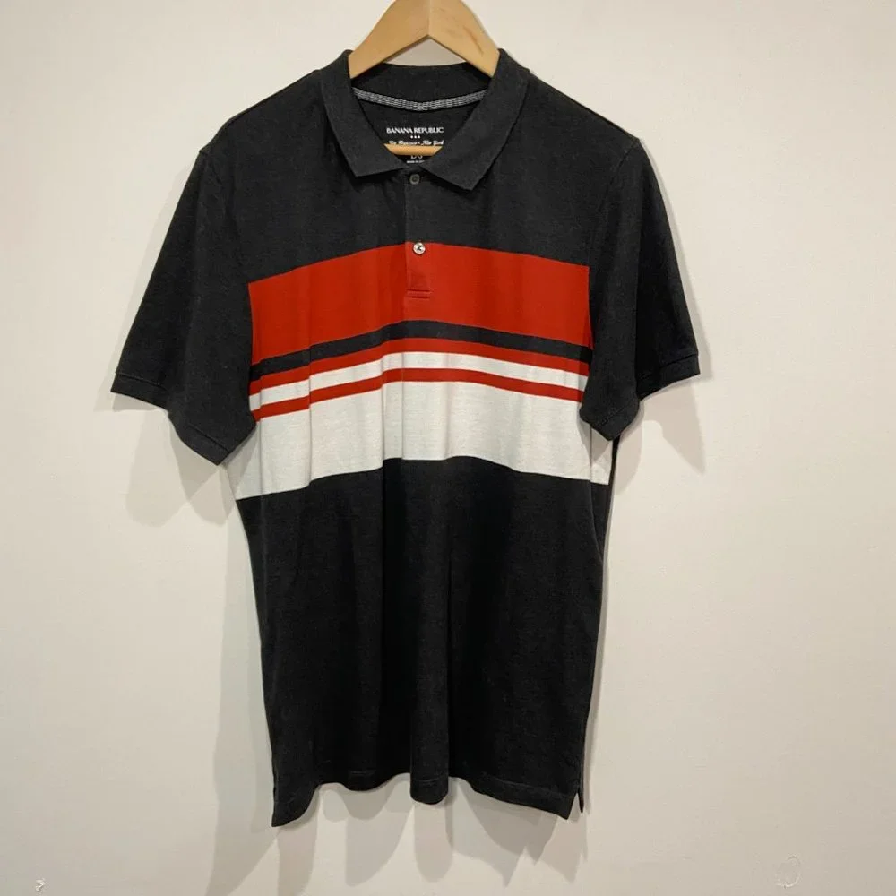 Banana Republic Mens Short Sleeve Polo Shirt Grey With Red & White Stripes Large